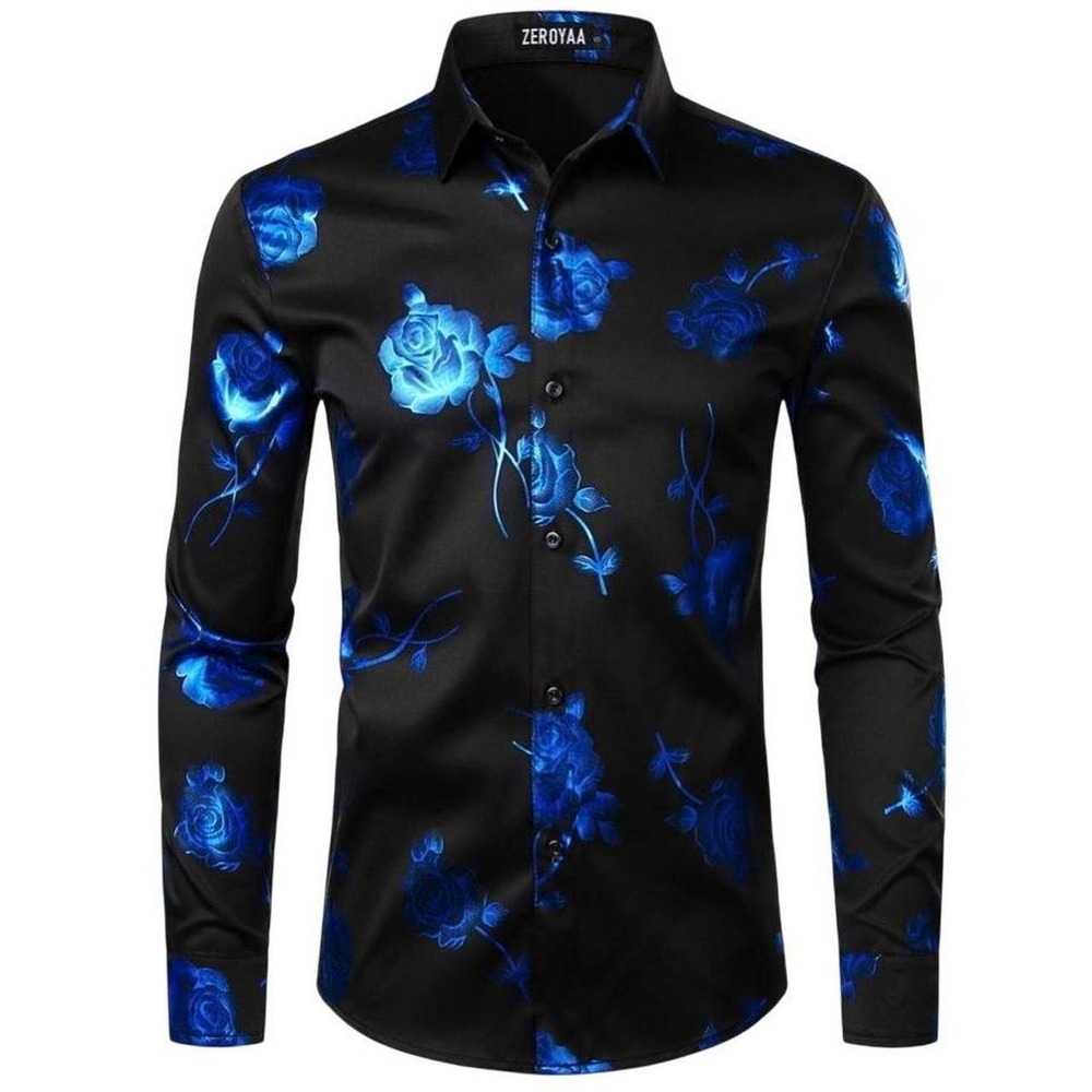 ZEROYAA Mens Blue Rose Floral Print Long Sleeve Button Down Dress Shirt Black S